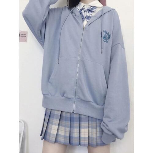 Japan High Street Tops Autumn Sky Blue Kawaii Hoodie Streetwear Women Casual Oversized Cute Winter Zipper Sweatshirt Femme