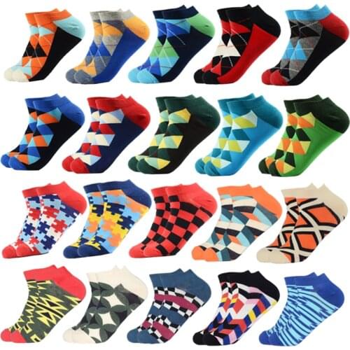 Ankle Low Socks Funny Men Summer Short Socks Cartoon Gifts Happy Cotton Geometric Lattice Colorful Boat Socks Thin Business Sox