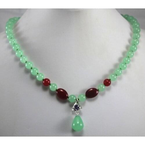 Beautiful wholesale/retail 8mm light green and red jades necklace +14 mm green jades pendant