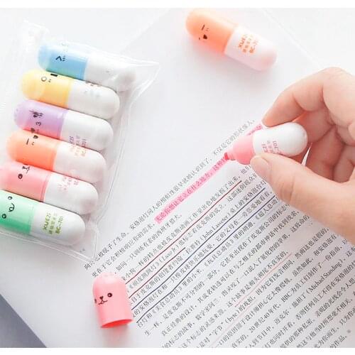 6 Pcs/lot Capsules Styling Highlighter Vitamin Pill Highlight Marker Color Pens Office Stationery School Supplies