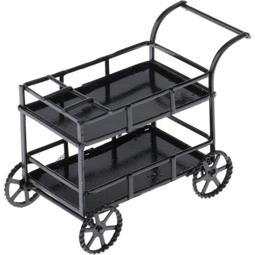 Miniature Metal Serving Cart Black Mini Kitchen Cart with Wheel for 1/12 Mini Dollhouse Accessory, Dining Room, Restaurant Decor
