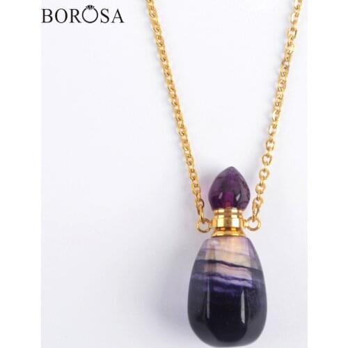 New Natural Purple Fluorite Perfume Oil Bottle Gold Necklace Natural Gems Stones Essential Oil Diffuser Pendant Necklace WX1605