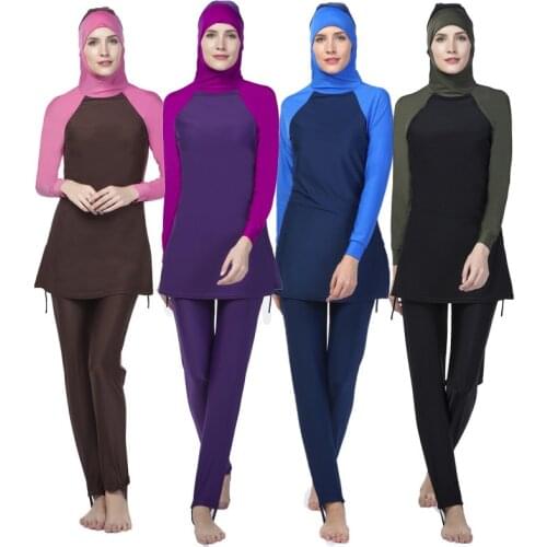 New colorblock muslim swimwear womens conservative hooded beach swimsuit patchwork hijab long sleeves sport swimsuit