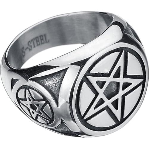 Pentagram Star Circle Mens Black Silver Color 316L Stainless Steel Ring Wholesale Jewelry