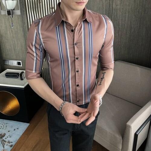 Luxury Autumn British Style Casual Men Business Stripe Printed Social Slim Half-sleeve Lace Shirts Party Shirts Male Dress Shirt