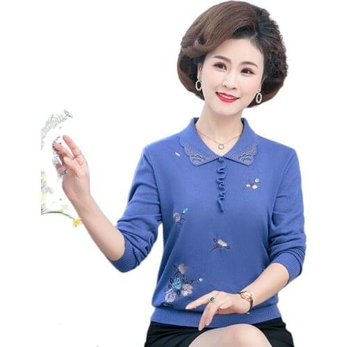 Middle-aged Women Sweater Pullover Spring Autumn Mother Clothes New Fashion Embroidery Lapel Long-sleeved Knitted Sweater Jumper