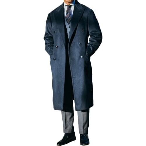 Navy Blue Long Overcoat Streetwear Woolen Mens Thick Plus Double-Breasted Solid Coat Casual Winter Fashion Warm Jacket