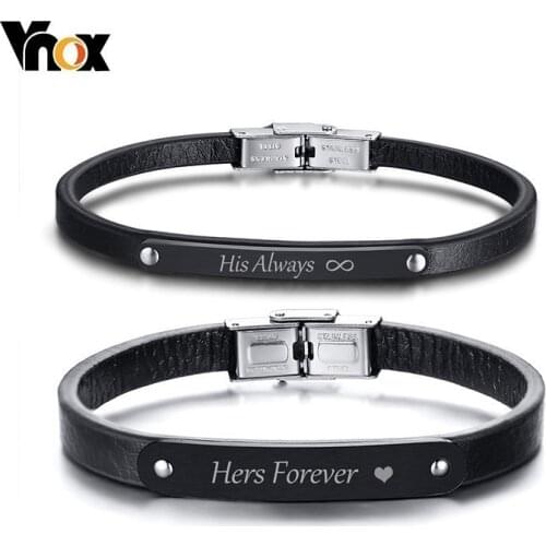 Vnox His and Her Matching Couple Leather Bracelets Personalized Custom Engraving Boyfriend Girlfriend Valentines Day Gift