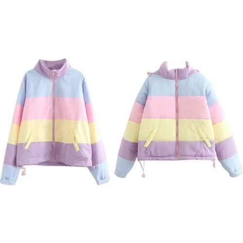 Women Winter Padded Puffer Warm Jacket Rainbow Stripes Hooded Coat Drawstring Loose Full Zip Outerwear with Pockets