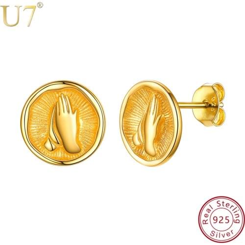 U7 925 Sterling Silver Prayer Hand Round Religious Praying Earrings For Women Personalized Summer Ear Jewelry Girls Gift SC290