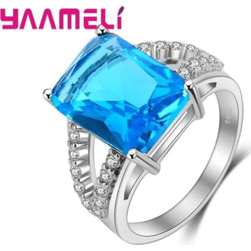 New Arrival Green Blue Rectangle 925 Sterling Silver Austrian Crystal Rings For Women Wedding Bands Jewelry Anillos
