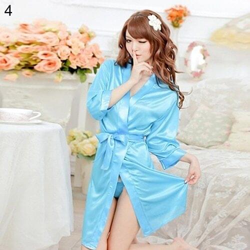 Womens Sexy Faux Silk Solid Color Robe Short Bathrobe Sleepwear Nightwear