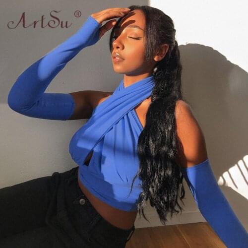 ArtSu Black Halter Hot Sexy Wrap Crop Tops With Separate Sleeve Women Fashion Backless Cut-Out Cropped Feminino Top Streetwear