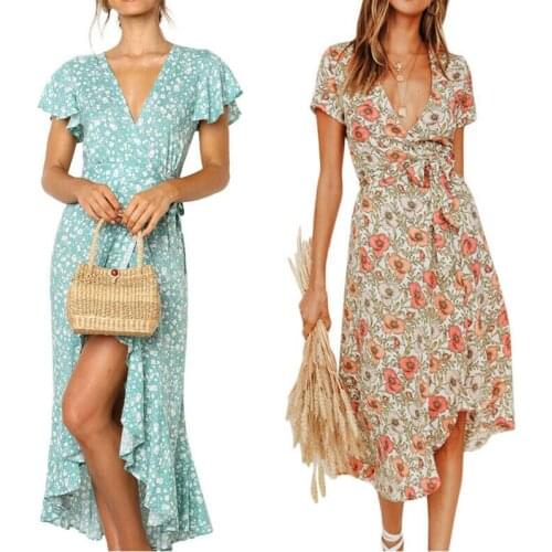 Fashion Vintage Floral Print Boho Dress Women Slit Sexy Long Beach Summer Dress Vestidos Short Sleeve Elegant Party Maxi Dresses