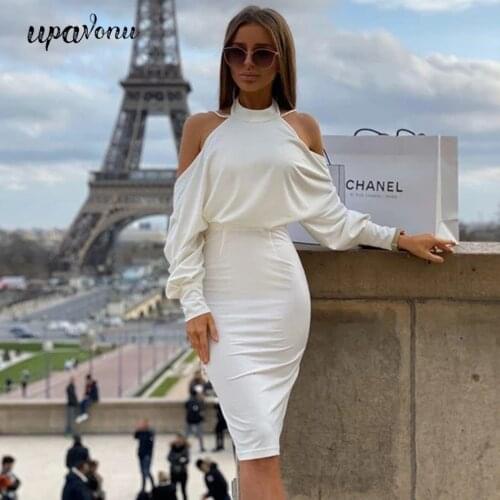 2020 Womens Sexy Backless Pearl Chain Dress Club Party Round Neck Strapless Batwing Long Sleeve Bodycon White Dress Vestidos