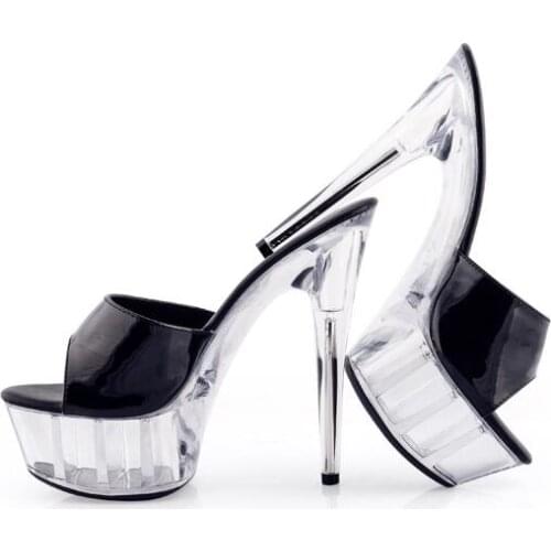 Sandals Sweet Ultra High Heels 15CM Transparent Crystal Shoes Wedding Shoes Pink Waterproof Cooler Slides Female Summer