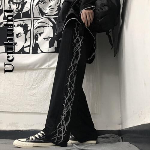 Ucuhulnl Harajuku Casual Unisex Winter Straight Pants Loose Thorn Print Black Women Sweatpants Streetwear Cool Girl Ladies Pants