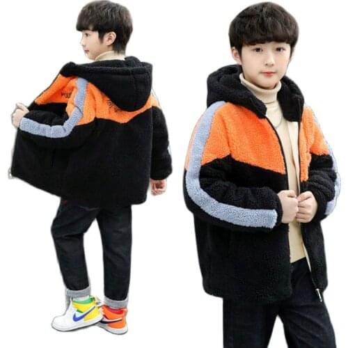 Children Clothing Boys Plus Velvet Padded Zipped Outerwear Winter New Kids Lamb Wool Hooded Jacket Teens Stitching Heavy Coat