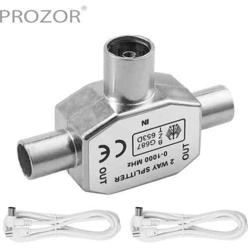 Prozor 2 Way Channel Aerial Splitter Cable TV Splitter 2x Coax Plug 2 Male to 1 Female Adapter in Metal Housing and 2*2m TV line
