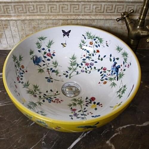 Porcelain China Classic Painting Art Birds&Flowers White Countertop Ceramic Bathroom Sink chinese porcelain wash basin
