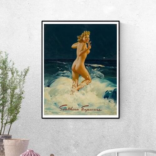 Naked Woman Running In The Waves Poster Retro Sexy Blonde Cafe Wall Art Canvas Painting and Prints Living Room Home Decoration