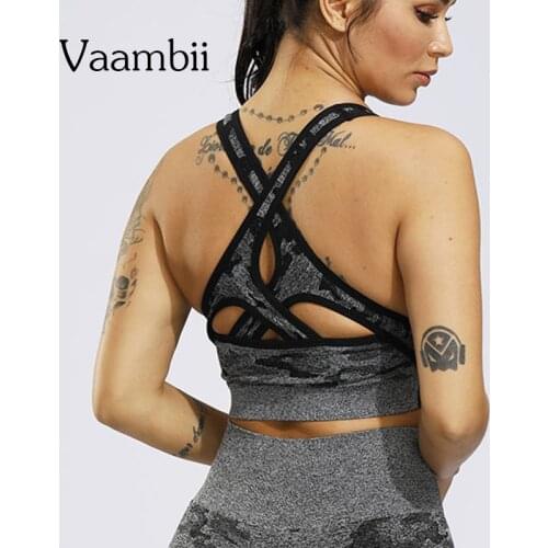 Open Back Camo Sports Bra Without Bones Seamless Underwear Woman Criss Cross Wonder Bra Push Up Womens Sports Top With Cups