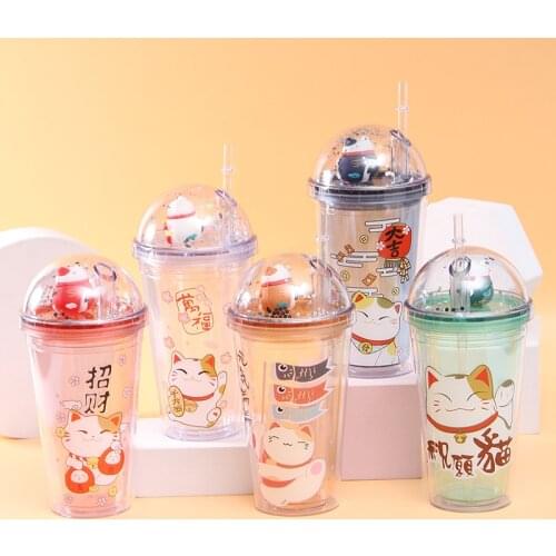 Creative Lucky Cat Water Bottle with Straw Japanese Pink Cute Ice Cup for Kids Girls Double Wall Drinking Cup Water Bottle