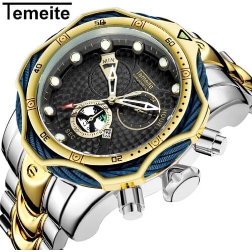 TEMEITE Mens Sport Waterproof Luminous Quartz Watch Mens Stainless Steel Date Display Fashion causal Clock Relogio Masculino