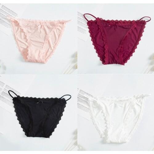 Lace Side Seamless Underwear Ice silk sexy bow underwear low waist traceless pure cotton file breathable ladies large size brie