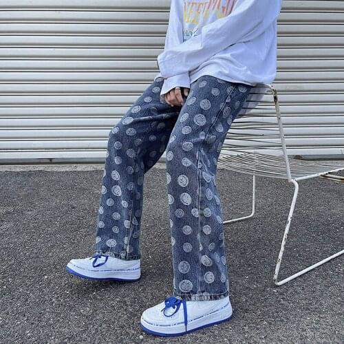 2021 autumn and winter new smiley face rope high street jeans mens straight loose hip-hop ins trendy trousers