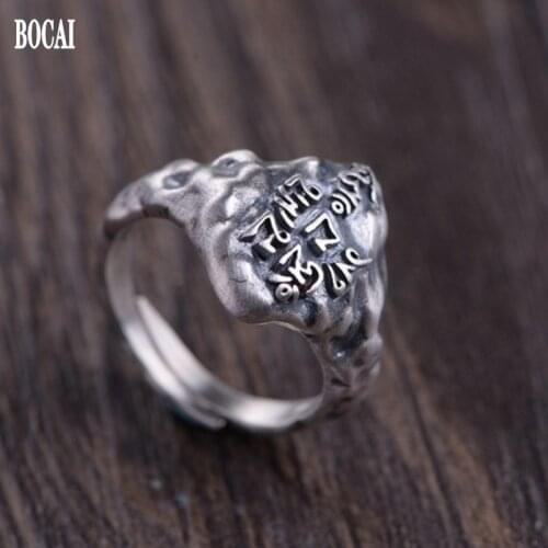 BOCAI New pure S925 silver jewelry retro craftsmanship fashion six-character mantra good luck open woman ring