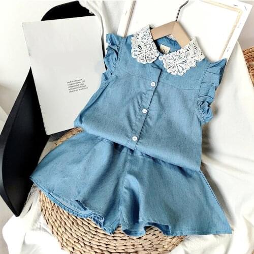 Summer New Girls' Clothes Sets Washed Denim Short-sleeved Shirt +Shorts 2Pcs Suits Toddler Baby Kids Outfits Childrens Clothing