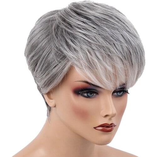 10 Inch Human Hair Wig Natural Look Gray White Layered Oblique Bangs Cospaly