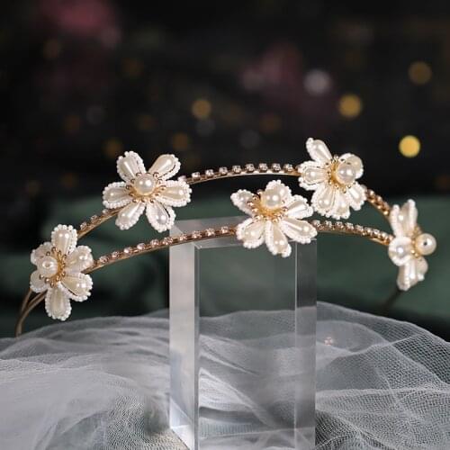 Handmade Flower Gold Pearl Crystal Headband Bride Hair Accessories Wedding Crown Hair Band Bride Wedding Headdress Accessories