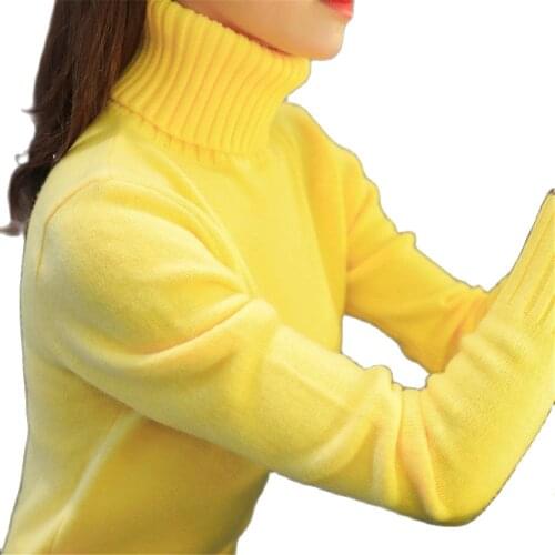 Knitted High Neck Pullovers Turtleneck Long Sleeve Solid Color Slim Elastic Sweater Yellow Autumn Winter Womens Stretch