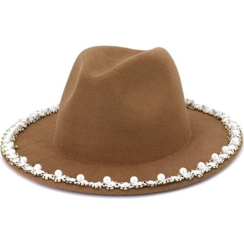 Wholesale Fedora hat full circle pearl accessories fashion autumn and winter new style Panama ladies Fedora hat шляпаженская
