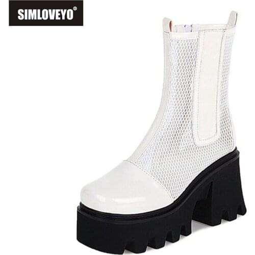 SIMLOVEYO 2021 Summer Cool Womens Boots Ankle Mesh Hollow Platforms Round Toe Zip 8CM High Thick Heel Sole Big Size 35-44 A4157