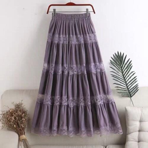 Sweet kawaii Chiffon Lace Stitching A-line pleated skirt 2 colors Chic style Long Skirts Black Purple Elegant Party Long Skirt