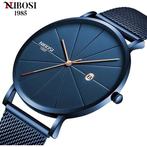 NIBOSI Blue Men Watches Ultra Thin Stainless Steel Sport Waterproof Quartz Wristwatches Fashion Casual Clock Relogio Masculino