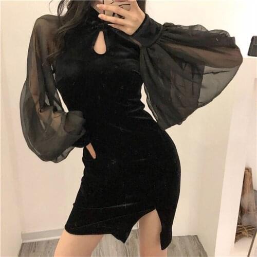 Spring Joinyouth Women Dress Robe Mesh Patchwork Lantern Sleeve Slim Autumn Lady Mini Dresses Stand Neck Split Vestidos Female