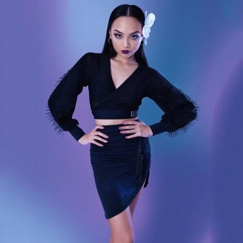 2020 Women Latin Dance Clothes Black Long Sleeve V-Neck Tops Sexy Skirts Suit Latin Practice Clothes Ballroom Dancewear DW013
