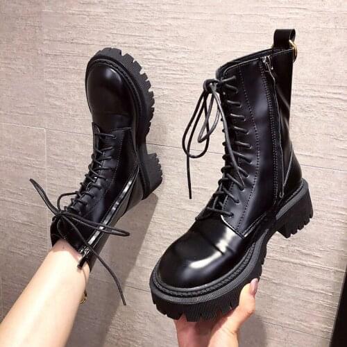 Women Leather Boots Black Spring Fashion Shoes for Ladies Casual Martin Boots PU Leather Waterproof Footwear Q10-44