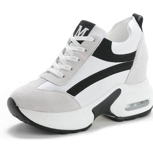 Koznoy Genuine Leather 8.5cm Platform Wedge Hidden Heel Women Shoes Chunky Sneakers Ins Za Casual Breathable Winter Warm Shoes