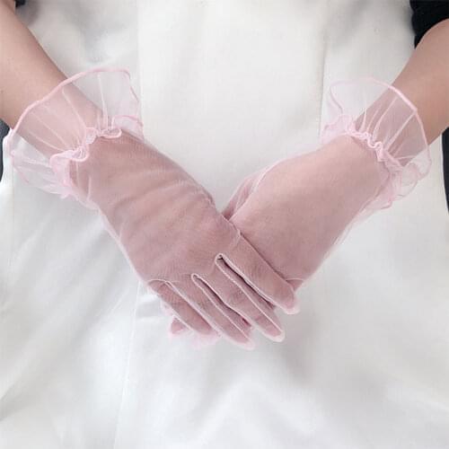 Women Summer Lace Mesh Gauze Gloves Bride Wedding Sexy Transparent Black Pink Short Design Gloves UV-Proof Mitten Gloves