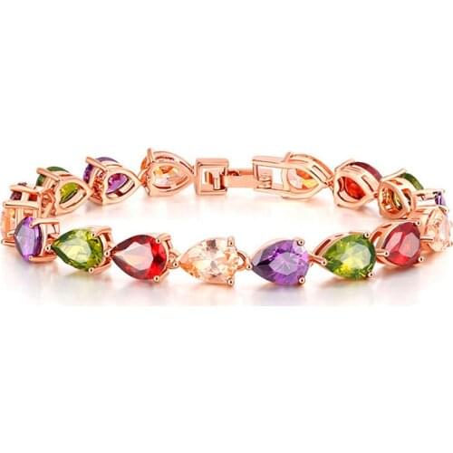 Luxury Crystal Rainbow Water Drop Bracelet Length 17cm Rose Gold Silver Color Buckle Bracelets For Women Birthday Gift