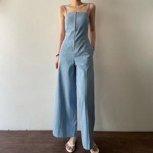 Sannian Women Jumpsuit Summer New Slimming Square Collar Hollow Back Design Waist Long Denim Wide-leg Sling Jumpsuit Clothes