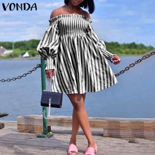 One Shoulder Striped Dress 2021 VONDA Female Women Sundress Casual Pleated Tunic Vestido Vintage Lantern Sleeve Party Dress