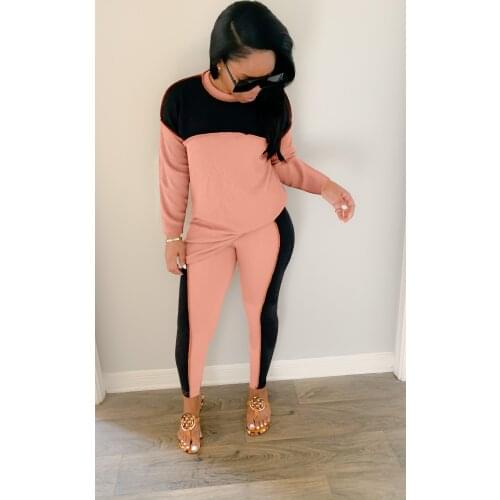 2021 New Arrival Fashion Design 2 pcs Tracksuits Women Set Patchwork O-neck Tops Long Pants Autumn Winter Outfits