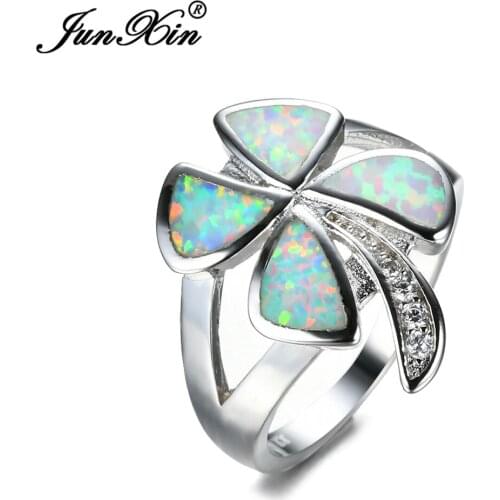 JUNXIN Female Girls Clover Ring White Fire Opal Ring Silver Color Fashion Jewelry Vintage Wedding Rings For Women