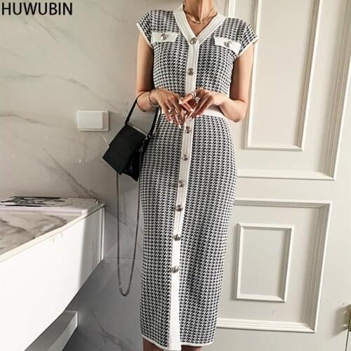 2021 Summer New Korean Womens Unique Small Fragrance V-Neck Single Breasted Thousand Bird Lattice Long Short Sleeve Dress